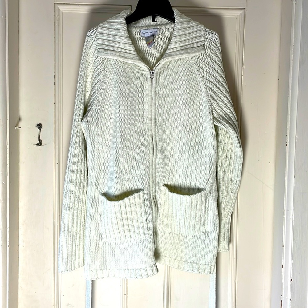 Ladies zip sweater. Vintage Fairweather brand. Size large. Off white . Belted.